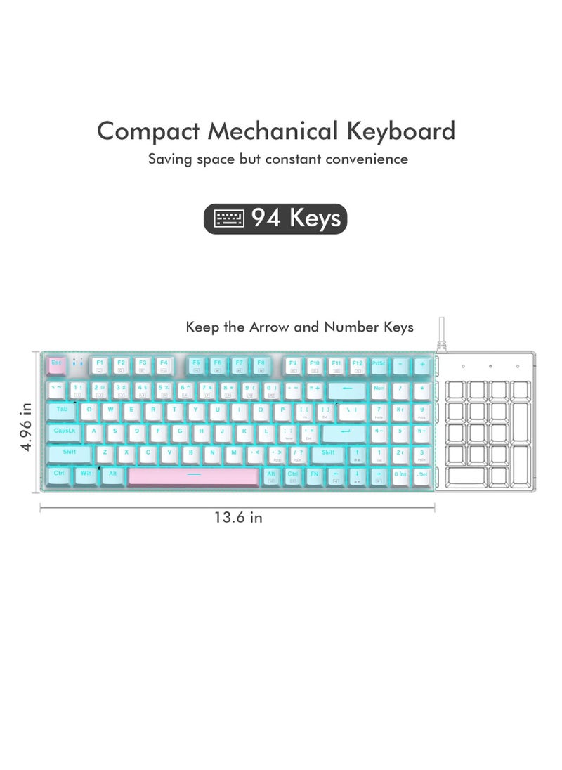 E-YOOSO - Z-19 94 keys Mechanical Keyboard, Blue Switches Wired Gaming Keyboard with Blue Backlit, Arrow Keys and Numpad for PC/Mac Gamer - White Blue - Image 1