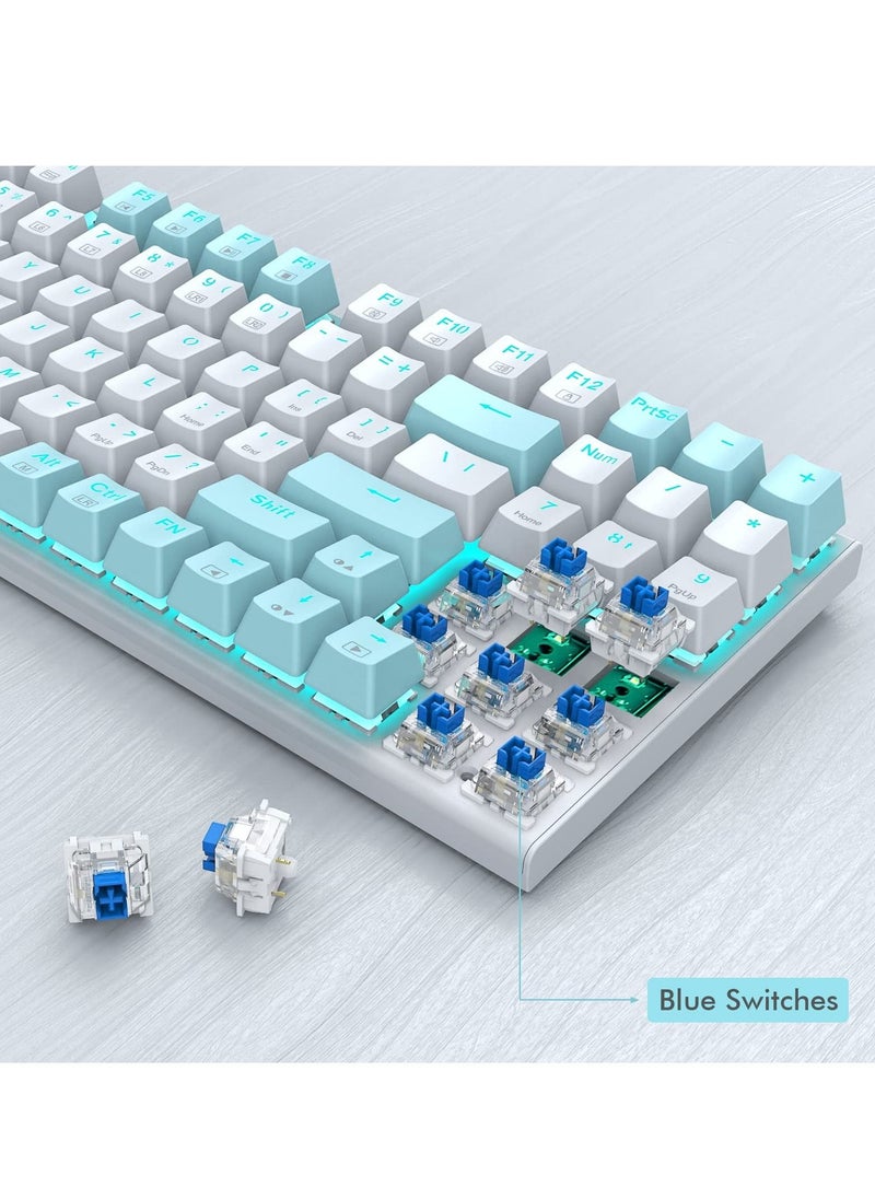 E-YOOSO - Z-19 94 keys Mechanical Keyboard, Blue Switches Wired Gaming Keyboard with Blue Backlit, Arrow Keys and Numpad for PC/Mac Gamer - White Blue - Image 1