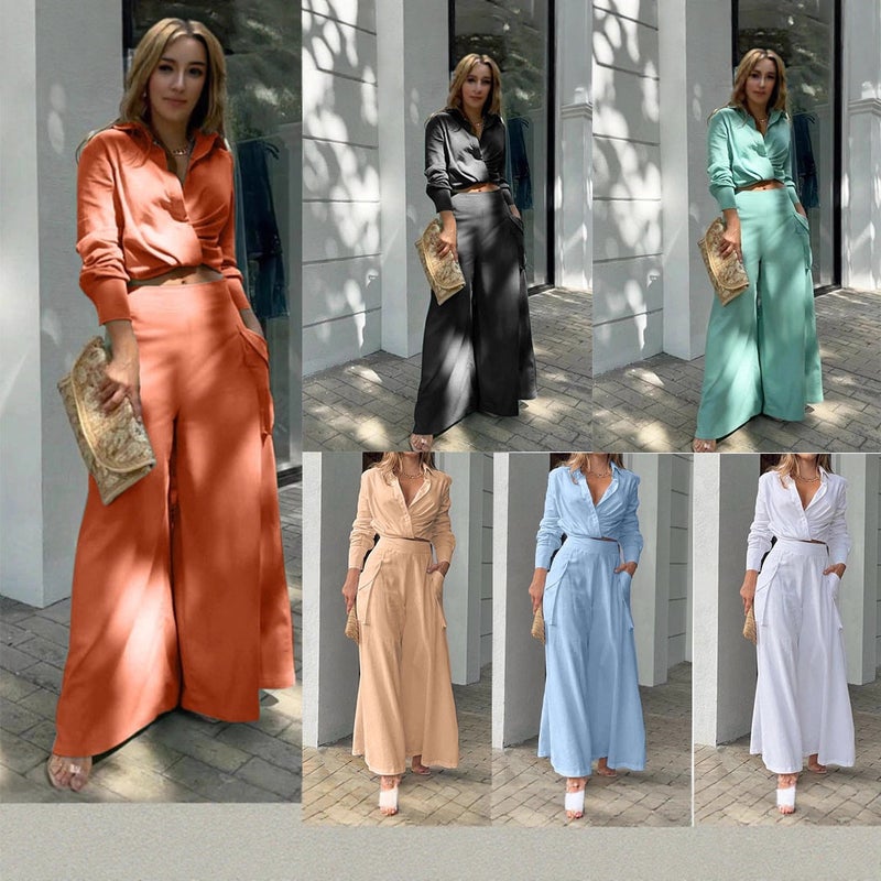 Women's Casual 2-Piece Tracksuit Set with Long Sleeve Blouse and High Waist Wide Leg Pants - Image 1