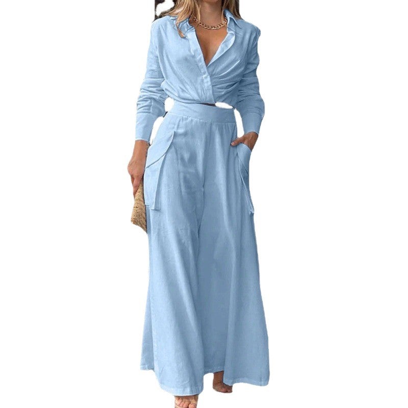 Women's Casual 2-Piece Tracksuit Set with Long Sleeve Blouse and High Waist Wide Leg Pants - Image 5