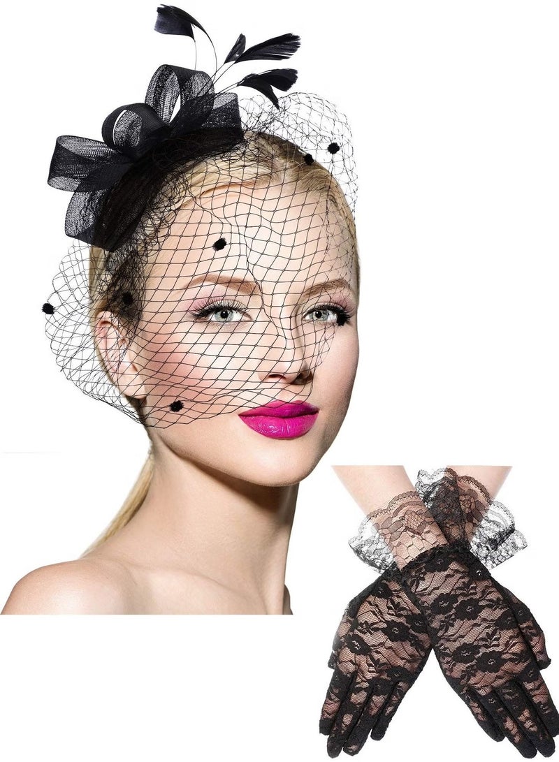 rocooart Women’s Pillbox Hat with Feathers Veil Mesh Headband and Short Floral Lace Gloves Set for Tea Party Wedding Cocktail Accessory - Image 1
