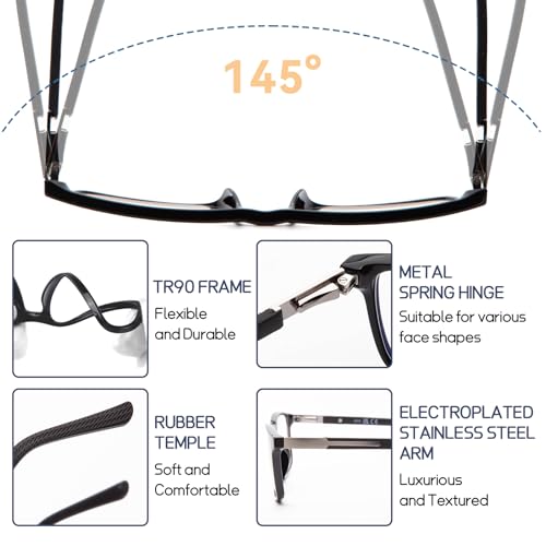 DEHOTRE 2 Pack Progressive Multifocus Reading Glasses Men TR90 Frame Readers Stainless Steel Arm Rubber Temple Spring Hinge Black & Blue 1.25 - Image 3