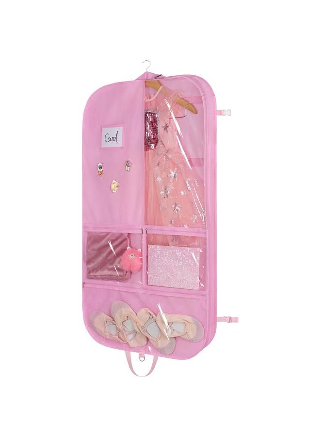 Univivi Pink Garment Bags for Dance Costumes 40 Inch Dance Costume Garment Bag for Girls, 3 Medium Clear Zipper Pockets and 2 Back Zippered Pocket, with 1 xPendant, 3 x Badge - Image 1