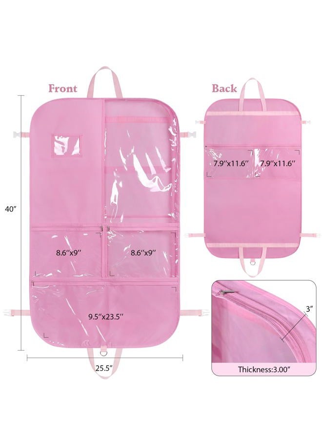 Univivi Pink Garment Bags for Dance Costumes 40 Inch Dance Costume Garment Bag for Girls, 3 Medium Clear Zipper Pockets and 2 Back Zippered Pocket, with 1 xPendant, 3 x Badge - Image 2