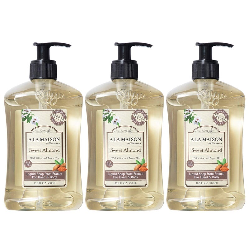 A LA MAISON French Liquid Hand Soap, Almond - Natural Hand Wash Made with Essential Oils - Biodegradable, Plant-Based, Vegan, Cruelty-Free, Alcohol & Paraben Free (16.9 oz, 3 Pack)
