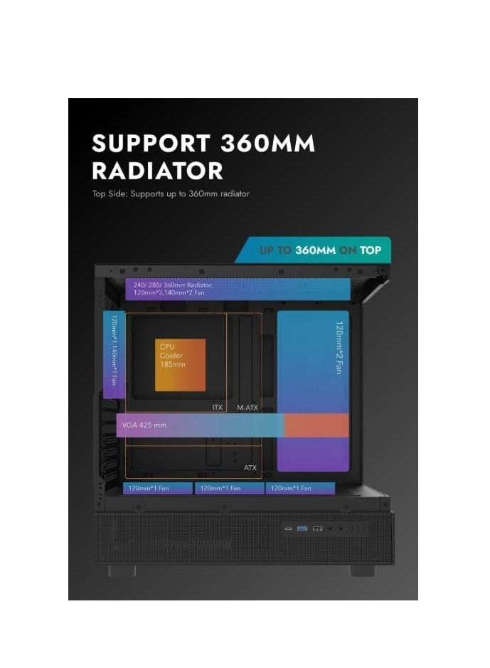 DarkFlash Darkflash DPX90 ATX/M-ATX/M-ITX Gaming Pc case With 3 ARGB Fans, 270 Panoramic Pillarless Design, Tempered Glass Panels, Supports 360mm Radiators, USB Type-C Included Gaming Case (Black) - Image 3