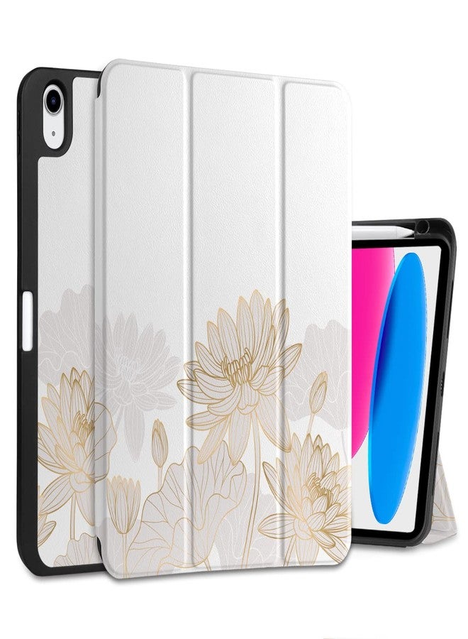 DONGKE جراب دونغكي لجهاز آيباد الجيل العاشر 10.9 بوصة 2022، حامل ثلاثي الطي + حامل قلم + خاصية التشغيل/الإيقاف التلقائي + غطاء خلفي واقٍ من مادة TPU الناعمة، لون ذهبي لوتس - Image 1