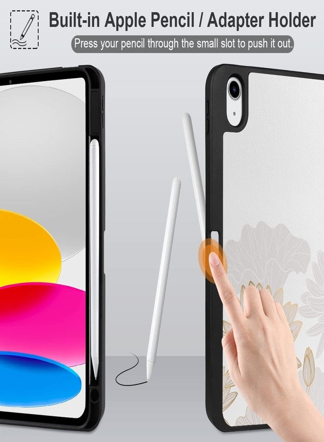 DONGKE جراب دونغكي لجهاز آيباد الجيل العاشر 10.9 بوصة 2022، حامل ثلاثي الطي + حامل قلم + خاصية التشغيل/الإيقاف التلقائي + غطاء خلفي واقٍ من مادة TPU الناعمة، لون ذهبي لوتس - Image 4