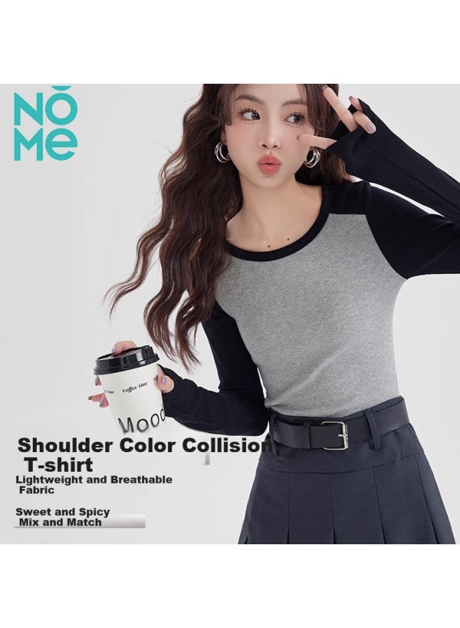 Nome Color Block Long Sleeve T-shirt Women's Autumn New Design Sense Inner Wear Bottoming Insert Shoulder Sleeve Top Gray M - Image 1