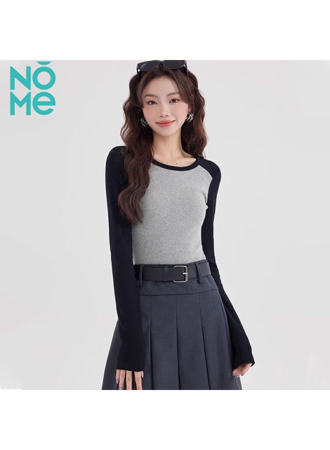 Nome Color Block Long Sleeve T-shirt Women's Autumn New Design Sense Inner Wear Bottoming Insert Shoulder Sleeve Top Gray M - Image 4