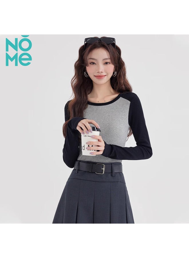 Nome Color Block Long Sleeve T-shirt Women's Autumn New Design Sense Inner Wear Bottoming Insert Shoulder Sleeve Top Gray M - Image 3