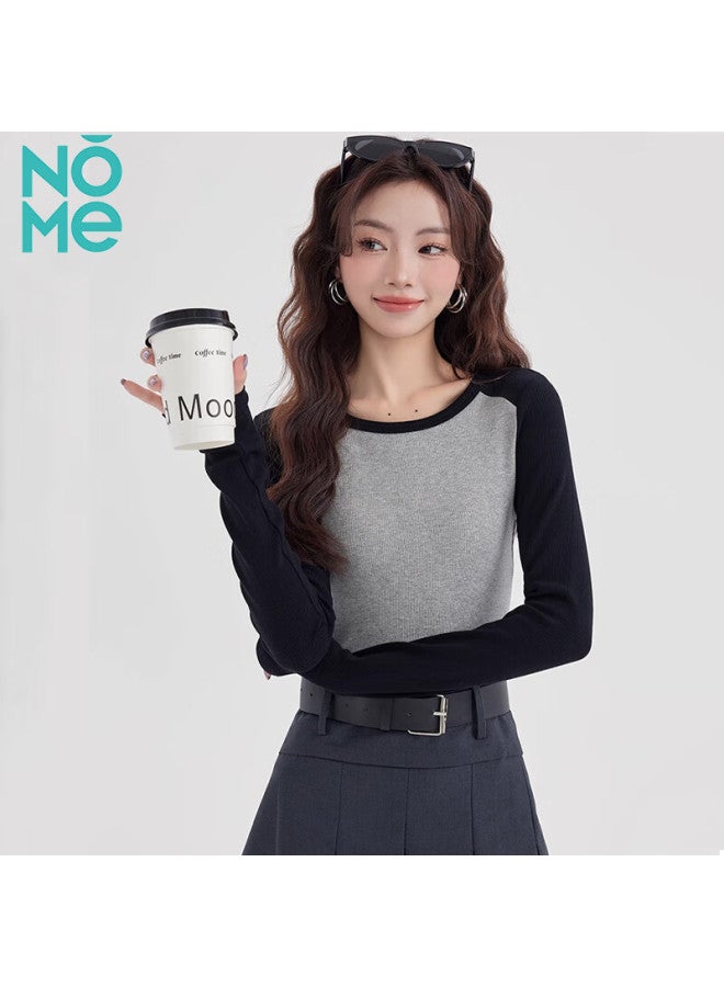 Nome Color Block Long Sleeve T-shirt Women's Autumn New Design Sense Inner Wear Bottoming Insert Shoulder Sleeve Top Gray M - Image 2