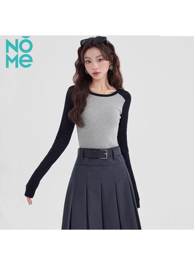 Nome Color Block Long Sleeve T-shirt Women's Autumn New Design Sense Inner Wear Bottoming Insert Shoulder Sleeve Top Gray M - Image 5
