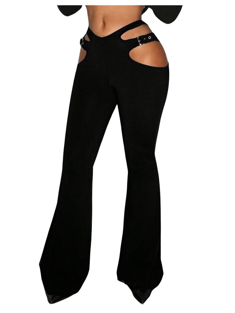 SHENHE Women's Low Waist Bootcut Flare Leg Pants Cut Out Y2K Trousers Night Out Pants Black X-Small - Image 1