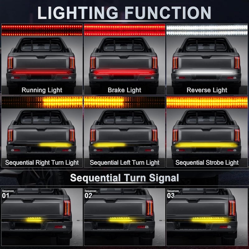 LivTee 60" LED Truck Tailgate Light Bar with Red Running Brake, White Reverse, Amber Turning Signals - Image 2