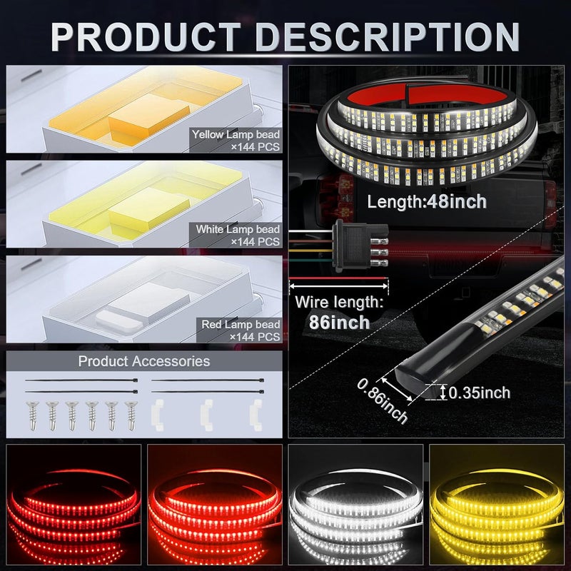 LivTee 60" LED Truck Tailgate Light Bar with Red Running Brake, White Reverse, Amber Turning Signals - Image 4