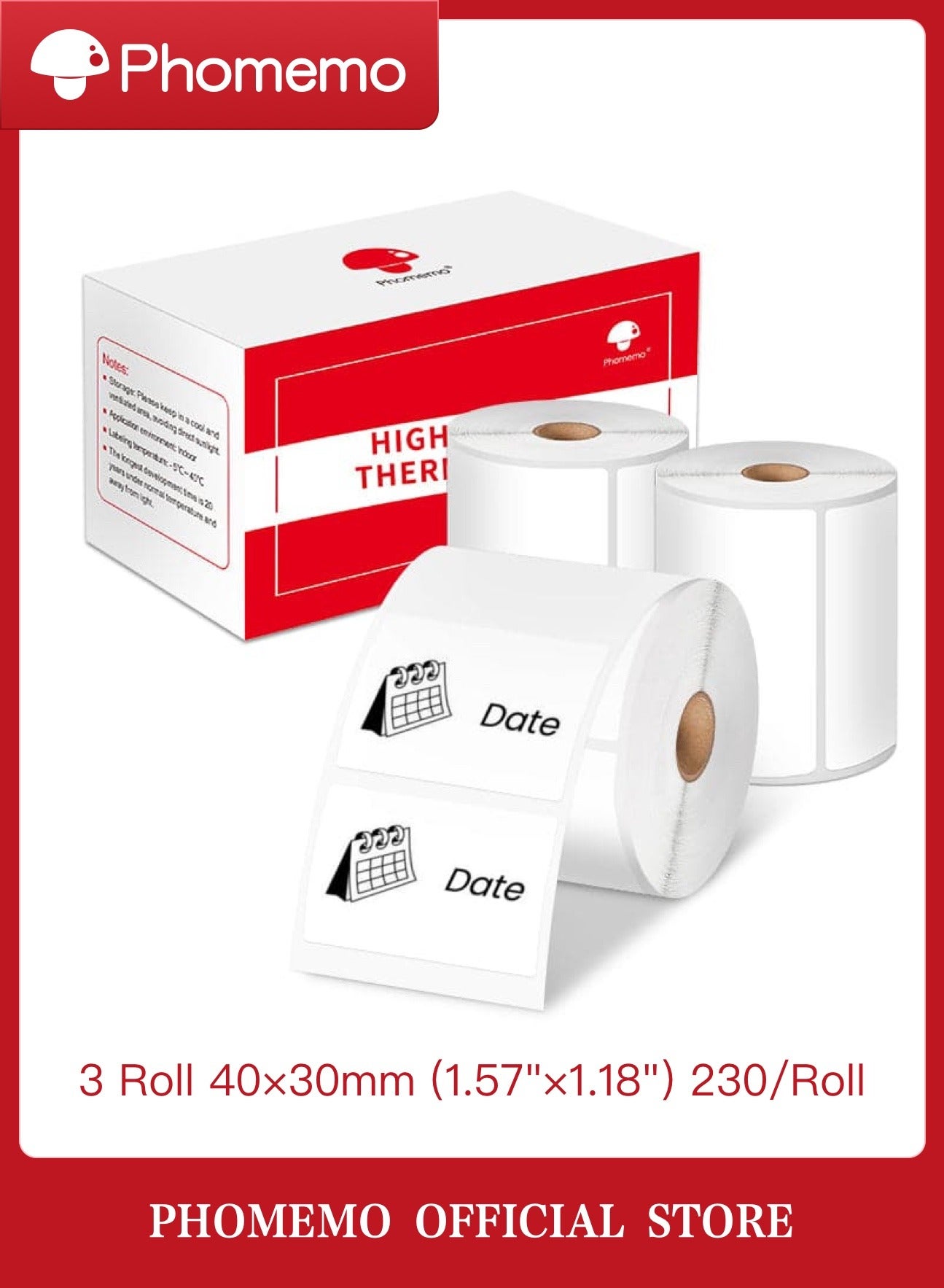 3 Rolls Thermal Sticker Labels, 40mm×30mm(Inch 1.57"×1.18") - 230/Roll, Black on White, Compatible with M110/M120/M150/M200/M220/M221 Printer
