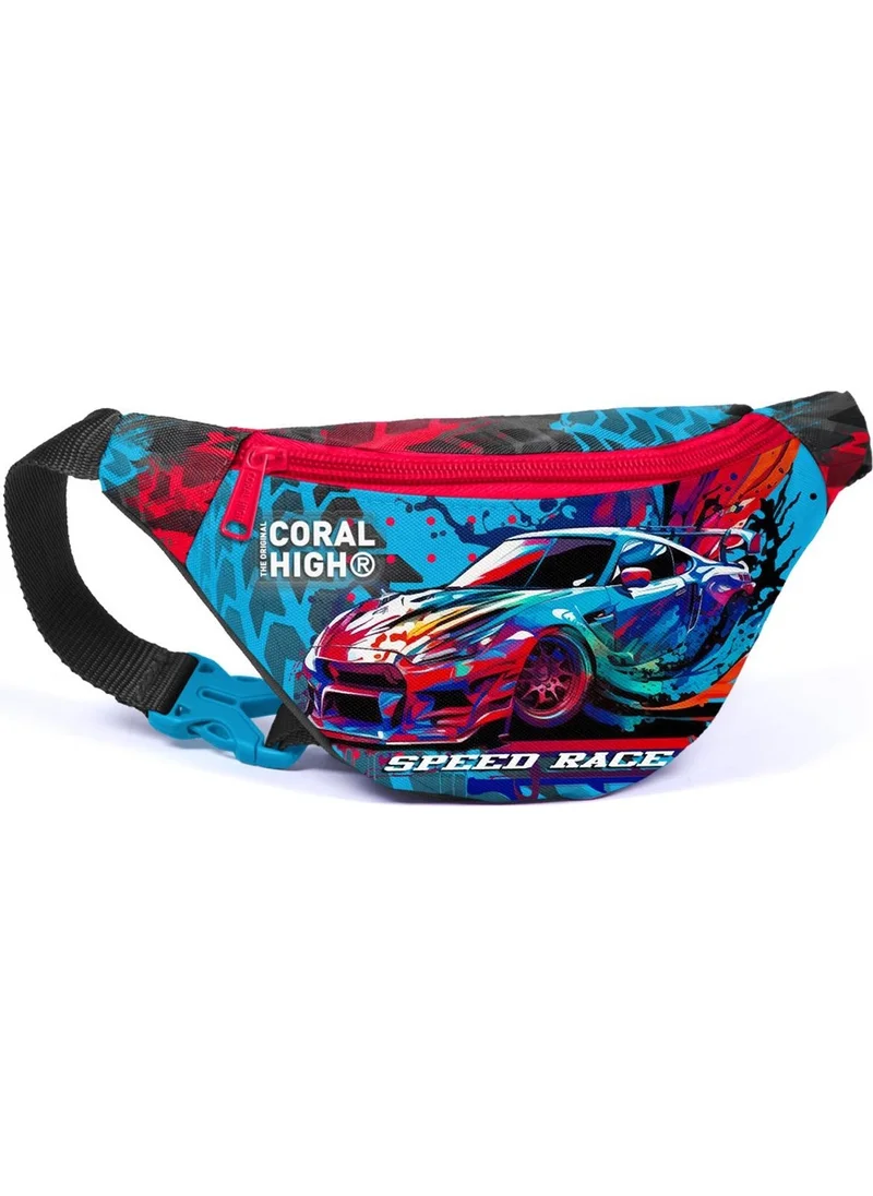 كورال هاي Kids Gray Blue Race Car Patterned Waist Bag 11528