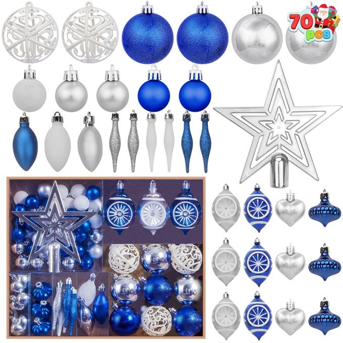 70PCS ASSORTED CHRISTMAS ORNAMENTS SET WITH BALL ORNAMENTS STAR TOPPER AND HEART HANGING SHATTERPROOF CHRISTMAS ORNAMENTS FOR HOLIDAYS AND XMAS TREE ORNAMENTS BLUE SILVERWHITE
