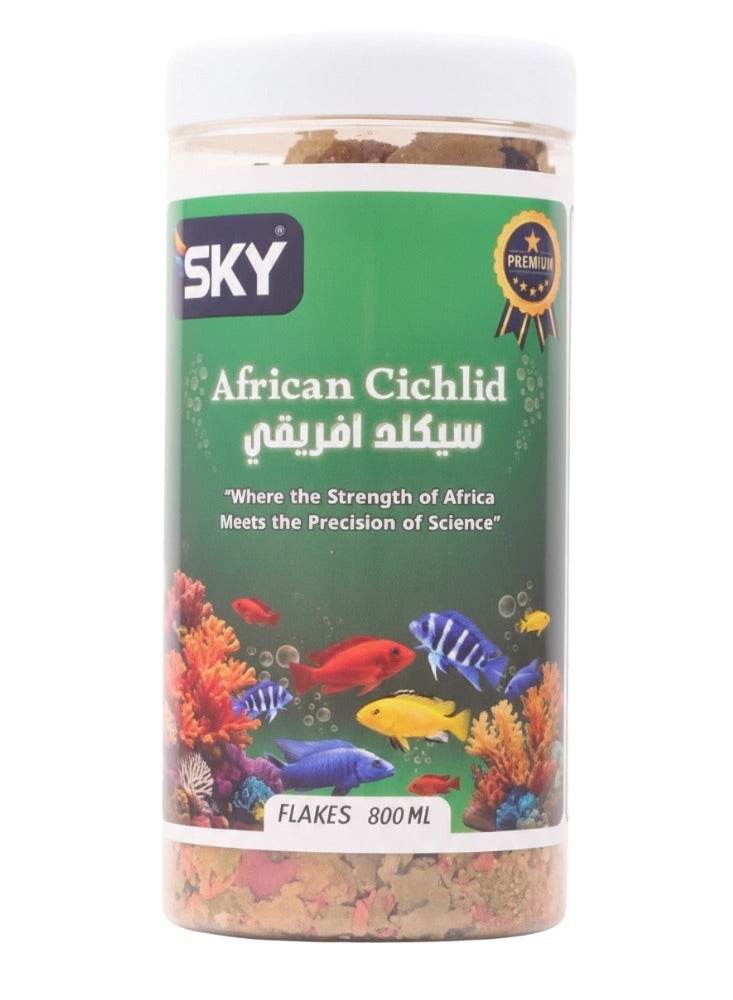 سكاي رقائق طعام سمك سكاي سيكليد افريقي 800 مل - قشور يومية غنية بالسبيرولينا لتعزيز اللون والصحة، مثالية لأسماك الملاوي والتنجانيقا