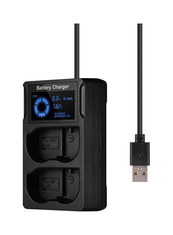 NIBEMINENT Portable Dual Slot USB Camera Battery Charger with LCD Display For Nikon EN-EL15 Batteries D7200/D7500/D500/D600/D750 Black  - Image 1
