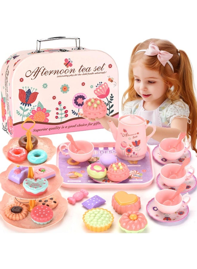 Kids Plastic Tea Party Set for Toddlers & Girls Ages 3-8 – Princess Pretend Play Kitchen Toy with Carrying Case, Teapot, Cups, Saucers, Dessert Toys & Tray | Gift for Little Girls Birthday - Image 1