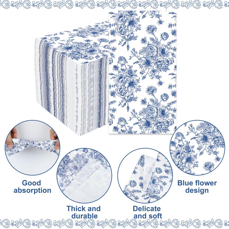 peony man 100 Pack Blue Floral Paper Napkins Blue Flower Guest Napkins Disposable 3 Ply Floral Decorative Hand Towels Dinner Napkin for Bridal Shower Baby Shower Wedding Birthday Dinner Party Supplies - Image 3