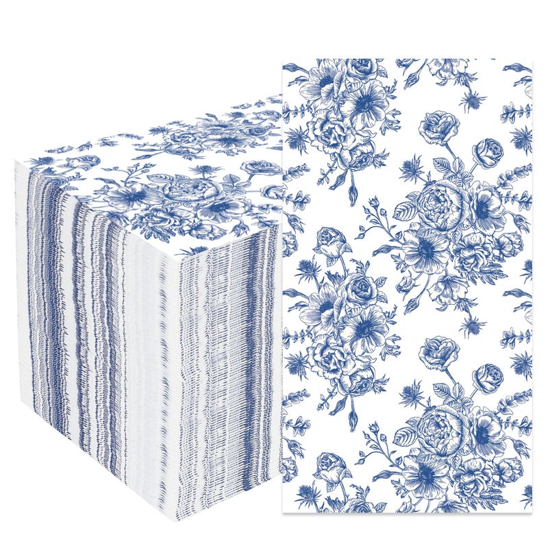 peony man 100 Pack Blue Floral Paper Napkins Blue Flower Guest Napkins Disposable 3 Ply Floral Decorative Hand Towels Dinner Napkin for Bridal Shower Baby Shower Wedding Birthday Dinner Party Supplies - Image 1