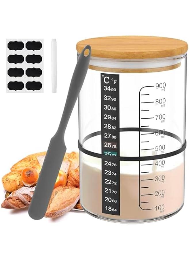 HOOKOR with Wooden Lid 900ml Sourdough Starter Container Wide Mouth Clear Glass Sourdough Starter Jar with Temperature Paper Spatula Rubber String Labels Pen for Baking Bread - Image 1