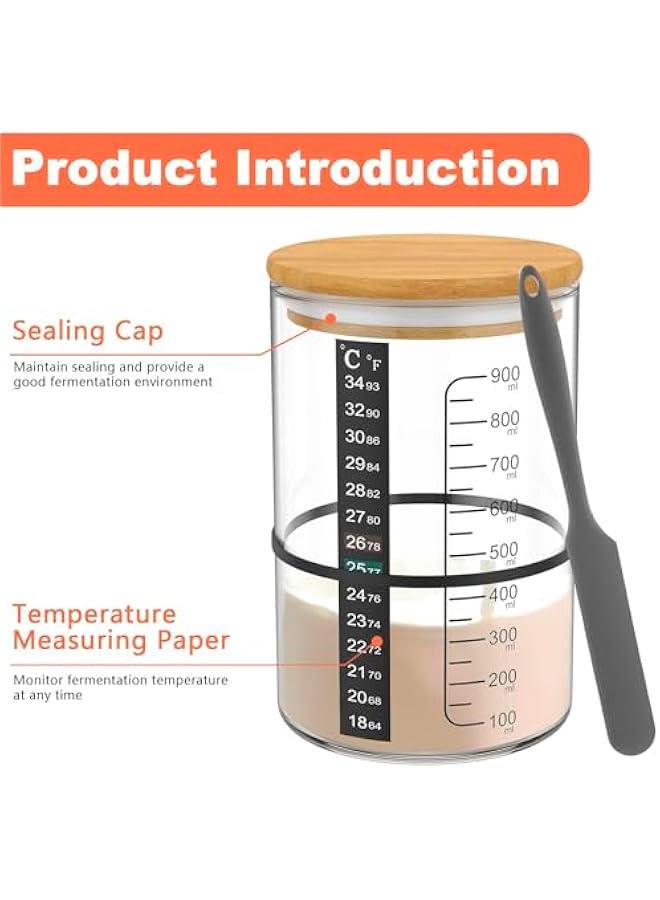 HOOKOR with Wooden Lid 900ml Sourdough Starter Container Wide Mouth Clear Glass Sourdough Starter Jar with Temperature Paper Spatula Rubber String Labels Pen for Baking Bread - Image 4