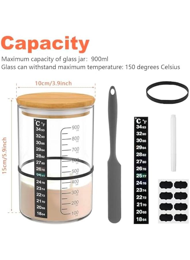 HOOKOR with Wooden Lid 900ml Sourdough Starter Container Wide Mouth Clear Glass Sourdough Starter Jar with Temperature Paper Spatula Rubber String Labels Pen for Baking Bread - Image 5