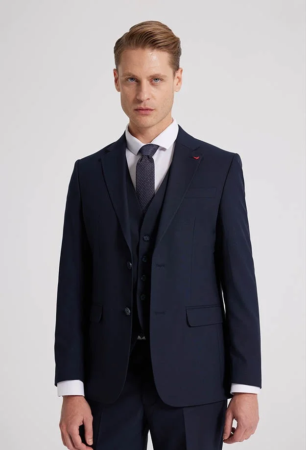 D'S DAMAT D'S Groom Slim Fit Navy Blue Mono Collar Double Slit Lined Suit with Vest 4HFY5ORT01599
