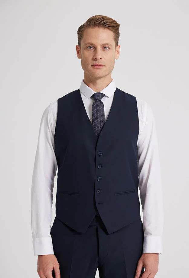 D'S DAMAT D'S Groom Slim Fit Navy Blue Mono Collar Double Slit Lined Suit with Vest 4HFY5ORT01599