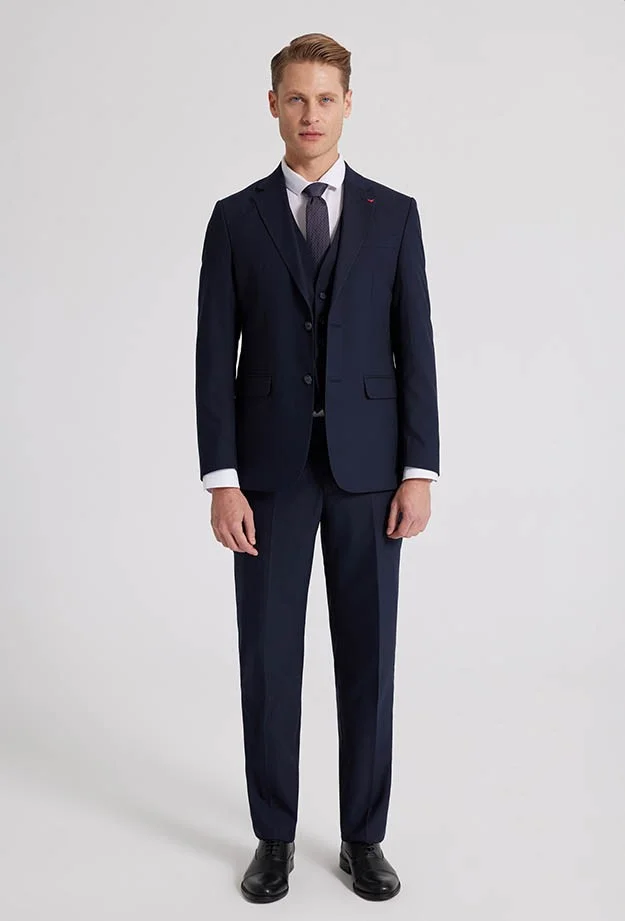 D'S DAMAT D'S Groom Slim Fit Navy Blue Mono Collar Double Slit Lined Suit with Vest 4HFY5ORT01599