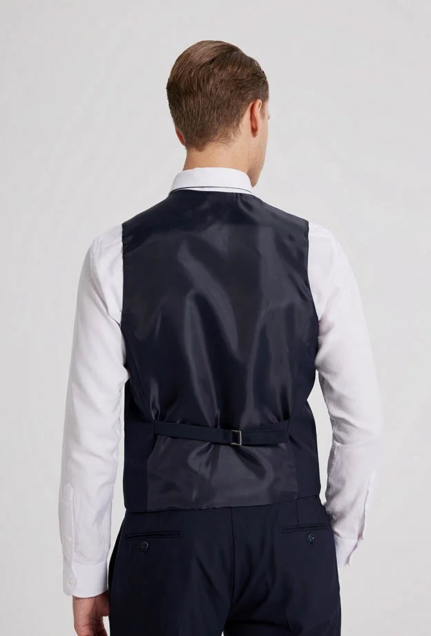 D'S DAMAT D'S Groom Slim Fit Navy Blue Mono Collar Double Slit Lined Suit with Vest 4HFY5ORT01599
