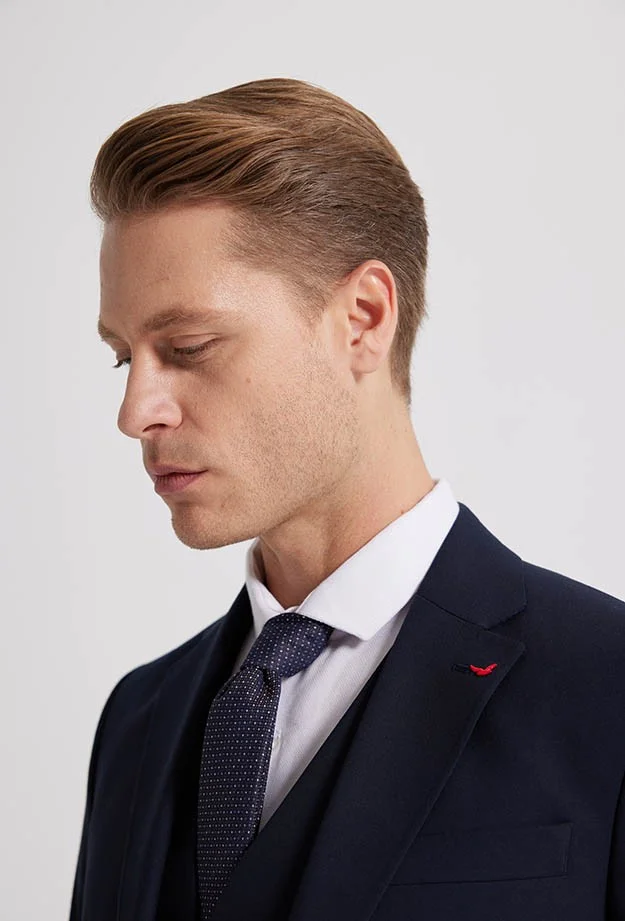 D'S DAMAT D'S Groom Slim Fit Navy Blue Mono Collar Double Slit Lined Suit with Vest 4HFY5ORT01599