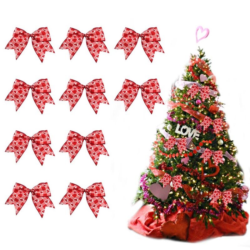 ABTOLS 10pcs Valentine's Day Bows for Wreath, Red Plaid Wreath Bows Valentine Heart Bows for Front Door, Wedding Romance Burlap Ornament Tree Topper Bows for Anniversary Indoor Outdoor Decor - Image 1