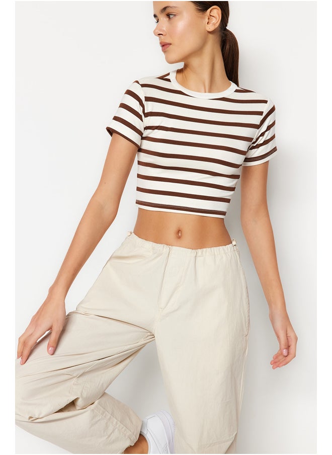 trendyol - Premium Brown Ecru Striped Viscose Crop Crew Neck Stretchy Knitted Blouse TWOSS23BZ00198 - Image 1