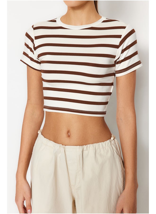trendyol - Premium Brown Ecru Striped Viscose Crop Crew Neck Stretchy Knitted Blouse TWOSS23BZ00198 - Image 1