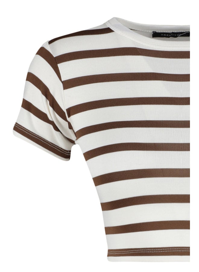 trendyol - Premium Brown Ecru Striped Viscose Crop Crew Neck Stretchy Knitted Blouse TWOSS23BZ00198 - Image 1
