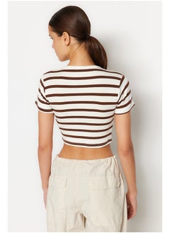 trendyol Premium Brown Ecru Striped Viscose Crop Crew Neck Stretchy Knitted Blouse TWOSS23BZ00198  - Image 5