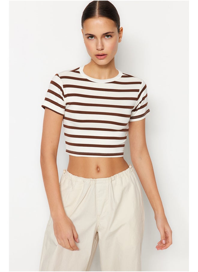 trendyol - Premium Brown Ecru Striped Viscose Crop Crew Neck Stretchy Knitted Blouse TWOSS23BZ00198 - Image 1