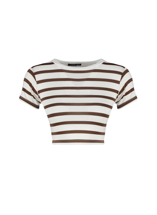 trendyol - Premium Brown Ecru Striped Viscose Crop Crew Neck Stretchy Knitted Blouse TWOSS23BZ00198 - Image 1