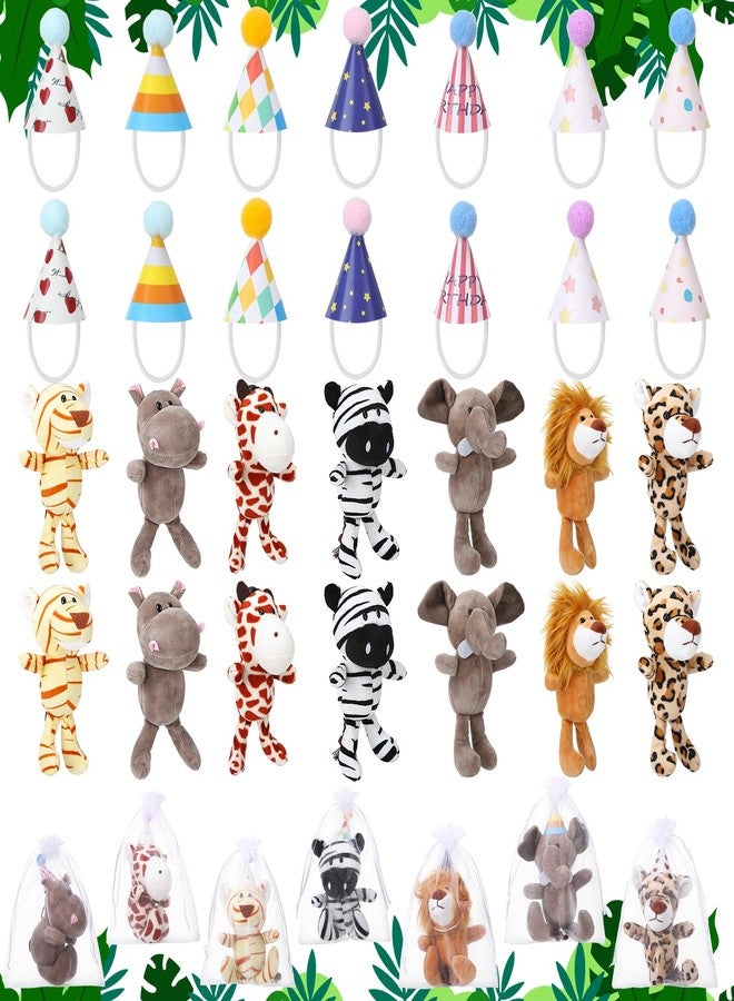 Guiqulai 14 Pcs Mini Jungle Animal Plush Toys Set, Including 14 Pcs Stuffed Safari Forest Animals with Birthday Hats, Organza Bag for Birthday Favor Theme Party - Image 1