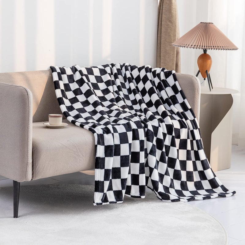 LOMAO Throw Blankets Flannel Blanket with Checkerboard Grid Pattern Soft Throw Blanket for Couch, Bed, Sofa Luxurious Warm and Cozy for All Seasons (Black, 40"x50") - Image 2