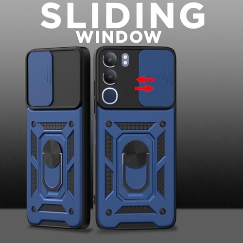 Pikkme Back Cover for Vivo Y29 5G / Vivo Y19s | Sliding Camera Shield with Ring Stand | D10 Full Camera Protection Bumper Case (Blue) - Image 2