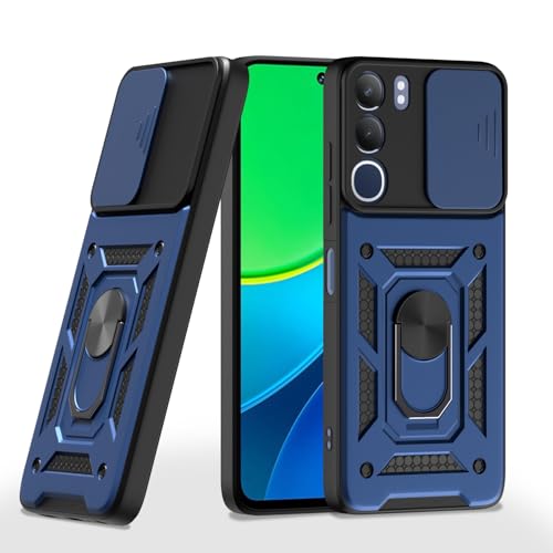 Pikkme Back Cover for Vivo Y29 5G / Vivo Y19s | Sliding Camera Shield with Ring Stand | D10 Full Camera Protection Bumper Case (Blue) - Image 1