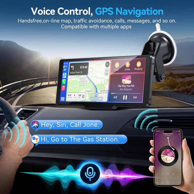 Carpeer Portable Carplay Screen for Car, 10" Wireless Carplay & Android Auto Car Play Touchscreen with 1080P Backup Camera,GPS Navigation,Voice Control,5.0 Bluetooth (10inch) - Image 2