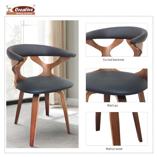 Creative Creative Modern Walnut Wood Frame Dining Chair for Home Kitchen Living Room Lounge Office Balcony Black Faux Leather 360degree Swivel for with Curved BackPack of 1  - Image 5