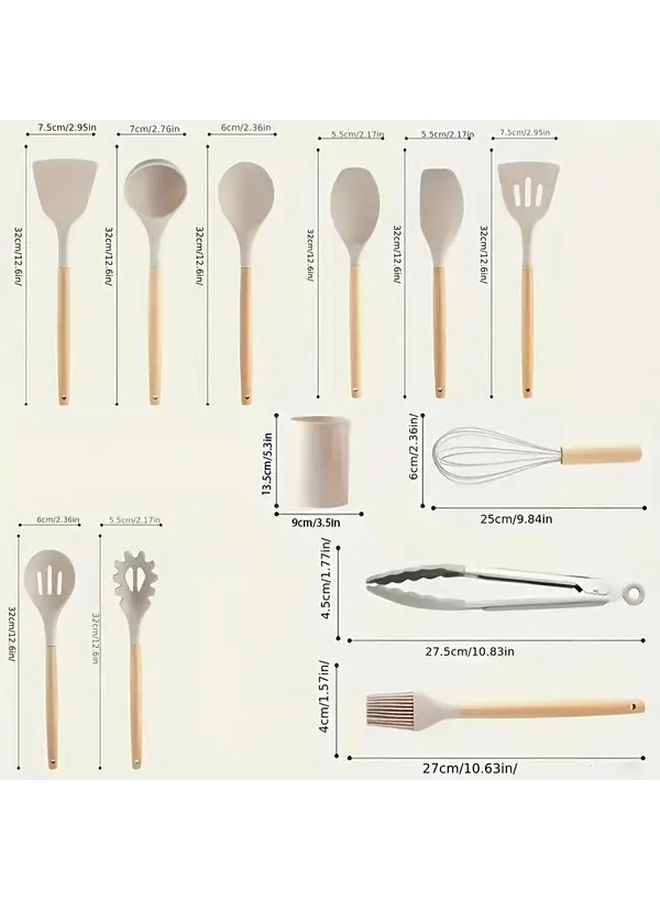 White 12 Piece Silicone Kitchen Utensil Set With Wooden Handles Non Stick Heat Resistant - Image 3